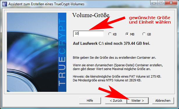 TrueCrypt-Größe